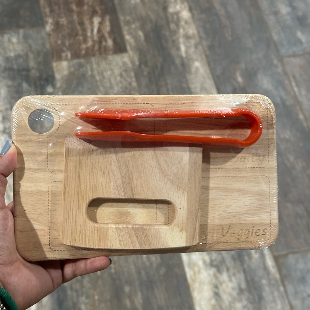 Wooden Charcuterie Board with Orange Tongs for Kids